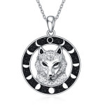 Wolf Pendant Necklace 925 Sterling Silver Moon Phase