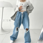 Women's Hip Hop Irregular Ripped High Waist Tie Loose Pants