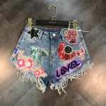 Women's Fashion Moon Star Sequins Heavy-duty Patch Denim Shorts