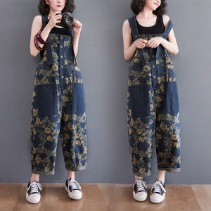 New Denim Strap Fat Mm Loose Slim Printed One-piece Wide-leg Pants