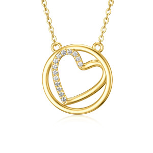 14K Real Gold Heart Necklace with 5A Cubic Zirconia