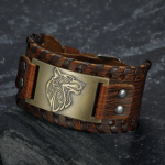 Asgard Crafted Leather Buckle Arm Cuff With Fenrir Design