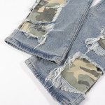 Camo Ripped Tape Jeans Men's Patchwork Tassel Straight Pants