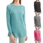 Women's New Metal Button Round Neck Plain Casual Long-sleeved Sweater