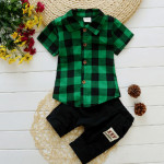 Summer Short Sleeve Suit Plaid Lapel Two-piece Baby Clothes