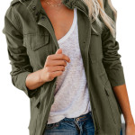 Fashion Ladies Solid Color Lapel Zipper Short Jacket Casual Pocket Button Decoration Top