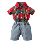 Suspenders Shorts Short Sleeve Plaid One-piece Ha Collar Knot Four-piece Suit