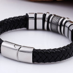 Black Leather Woven Men's Versatile Titanium Steel Leather Bracelet