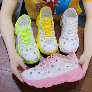 Round Toe Mesh Rhinestone Flower Sneakers