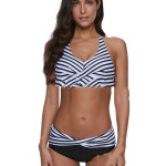 Women's Gather Bikini Navy Striped Split Swimsuit