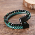 Men's Personality Stainless Steel Leather Bracelet Green Beads Braided Bracelet