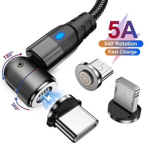 3 In 1 New 540 Rotate 5A Magnetic Cable Fast Charging For Mobile Phone Magnet Charger Wire Cord Micro Type C Cable For IOS