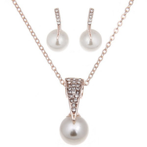 Bride Rhinestone Pearl Earrings Necklace Set Banquet Dress Jewelry