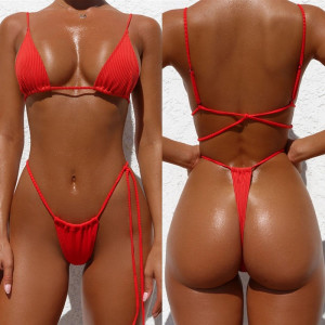 Solid Knit Pit-Bar Strappy Chest Bikini Thong