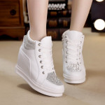 Womens Sneakers Shoes High Top Wedge Platform Heels Rhinestone