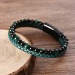 Men's Personality Stainless Steel Leather Bracelet Green Beads Braided Bracelet