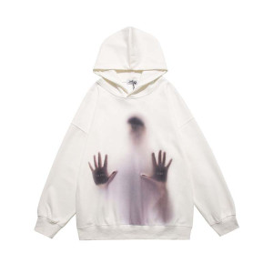 Handprinted White Ink Direct Spray Printed Men's Hooded Sweater