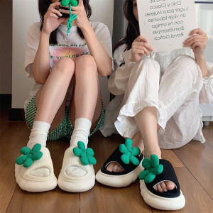 Ins Fashion Fairy Style Small Green Flower Linen Slippers All-season Universal Indoor Silent Thick Sole