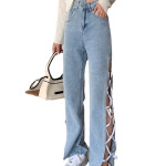 Side Slit Irregular High Waist Strappy Jeans Women's Spring Korean Style