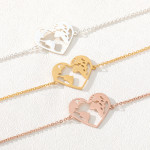 Heart-shaped Hollowed Out World Map Stainless Steel Pendant Bracelet