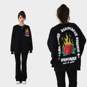 Loose Round Neck Flame Rose Print Plus Fleece Thickened Hoodie